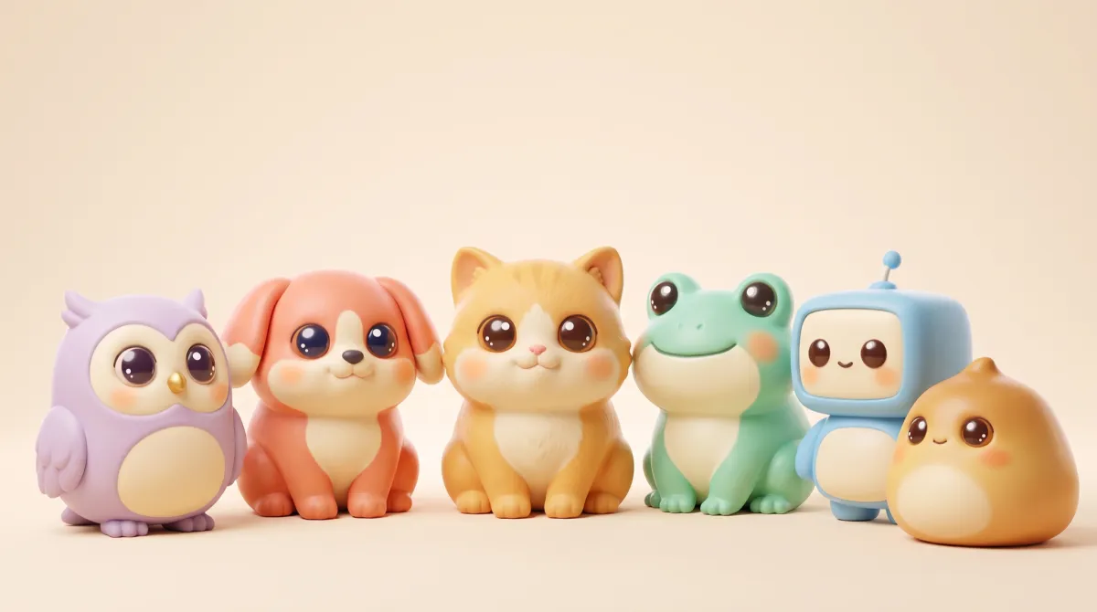 All six Kibble species sitting together: an owl, a pup, a cat, a frog, a bot and a blob